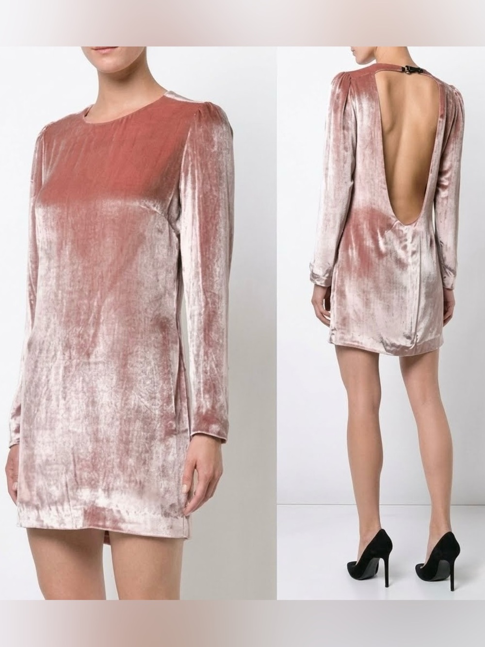 Fleur Du Mal Rose Pink Velvet Mini Dress Long Sleeve Open Back - Size S NWOT